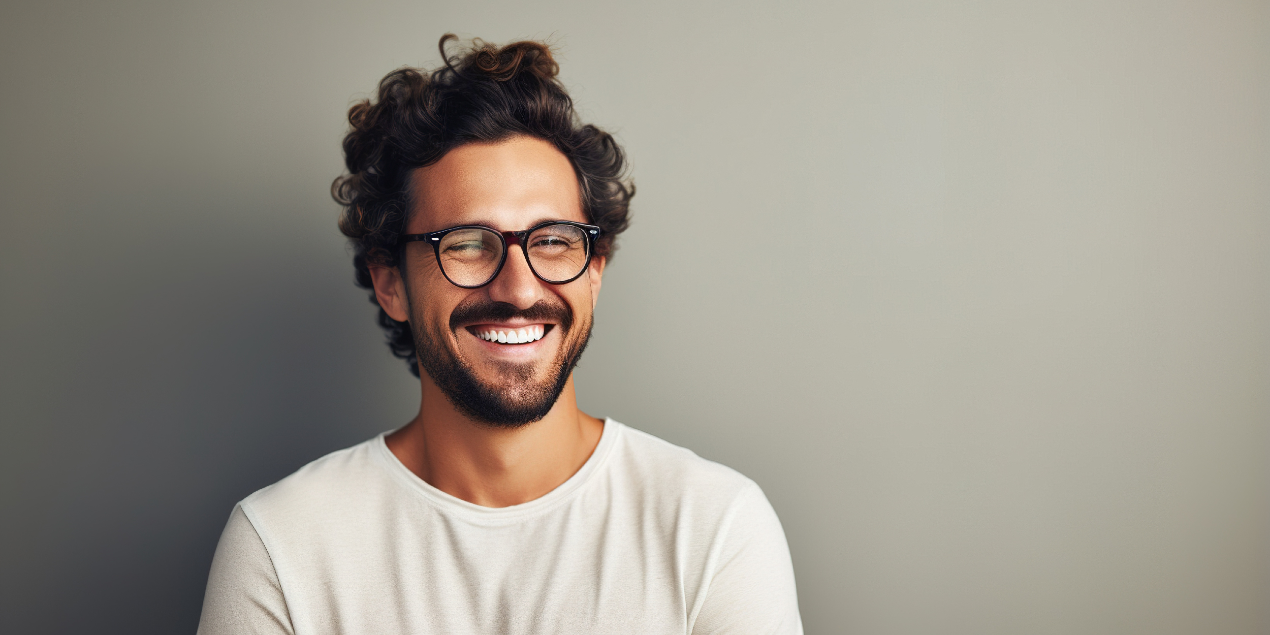 brown curly haired man with glasses smiling 